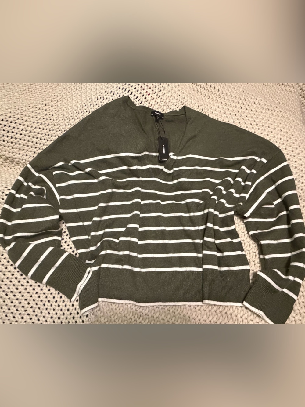Express Olive Green and White Striped Sweater